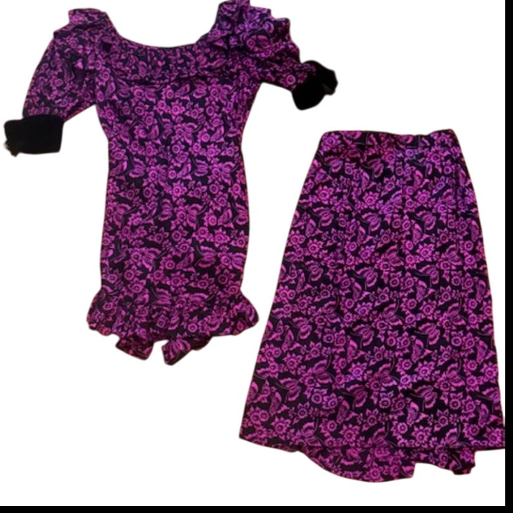 Vintage Oscar de la Renta Butterfly Floral Print Silk Shirt Skirt Set 10